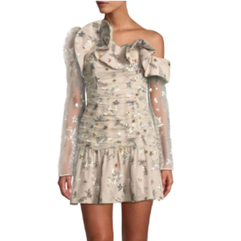 Self Portrait One-Shoulder Star-Embroidered Mesh Ruffle Mini Cocktail Dress sz 2